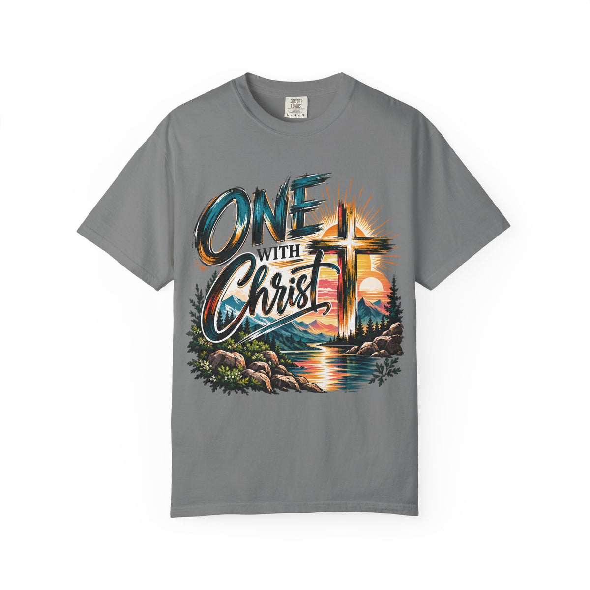 One With Christ Christian T-Shirt | Colorful Cross & Mountain Faith Tee | Pray & Bloom