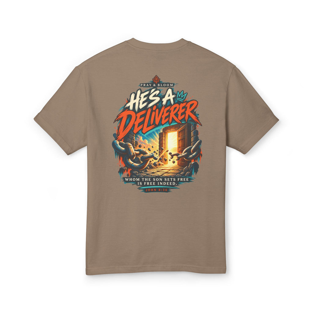 He’s a Deliverer Christian T-Shirt | John 8:36 Broken Chains Faith Tee | Pray & Bloom