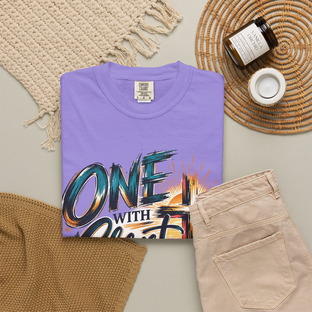 One With Christ Christian T-Shirt | Colorful Cross & Mountain Faith Tee | Pray & Bloom