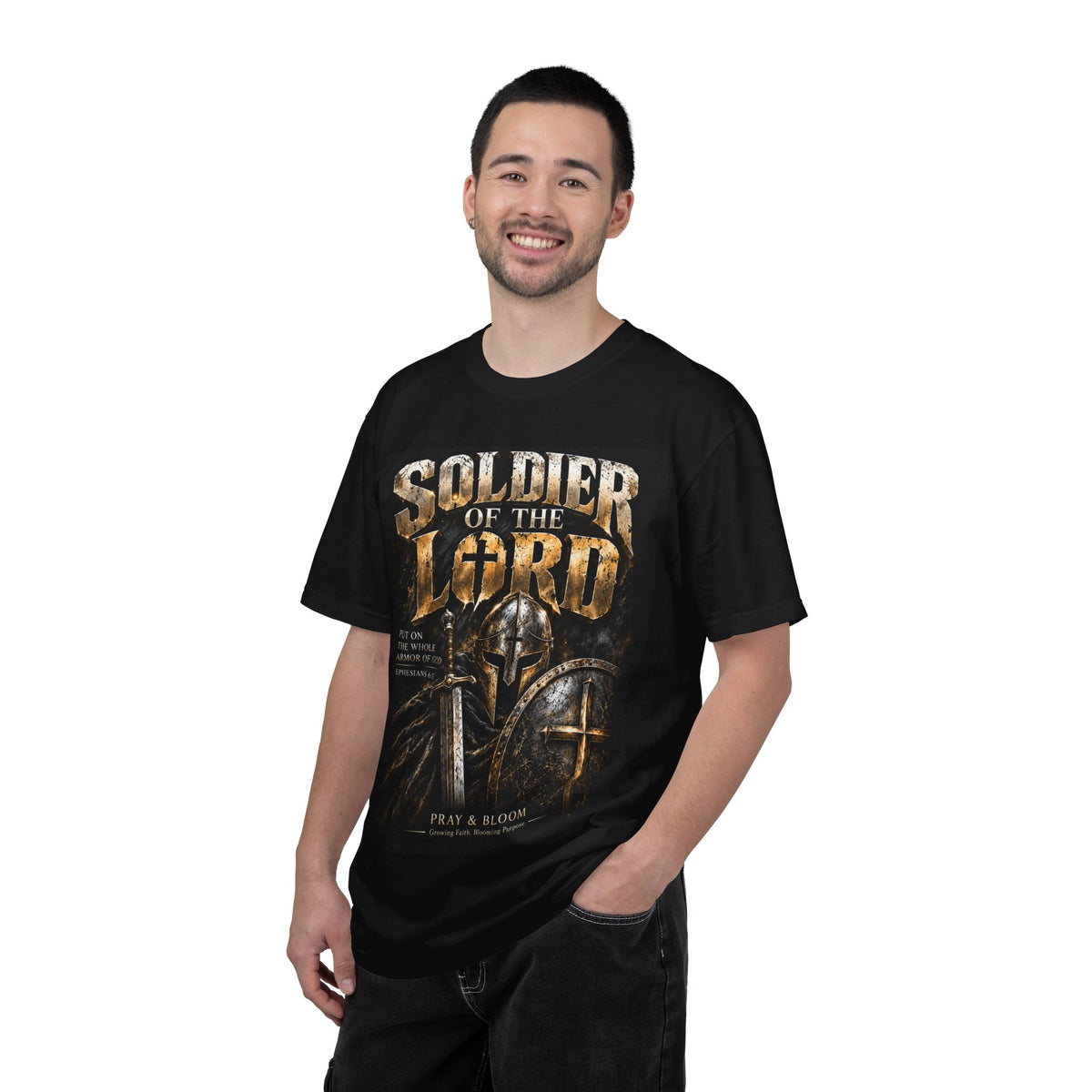 Soldier of the Lord Christian T-Shirt | Ephesians 6:10–11 | Armor of God | Pray & Bloom