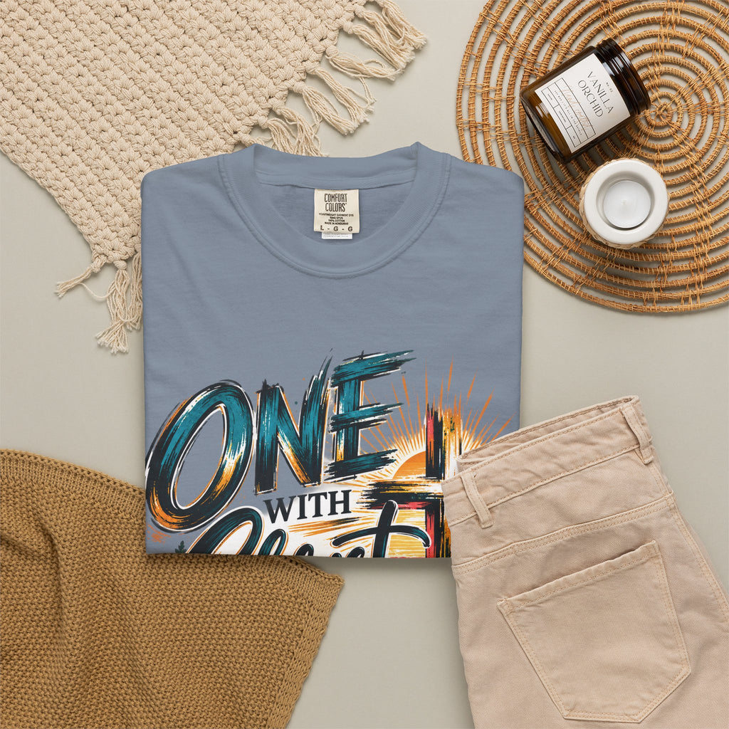 One With Christ Christian T-Shirt | Colorful Cross & Mountain Faith Tee | Pray & Bloom