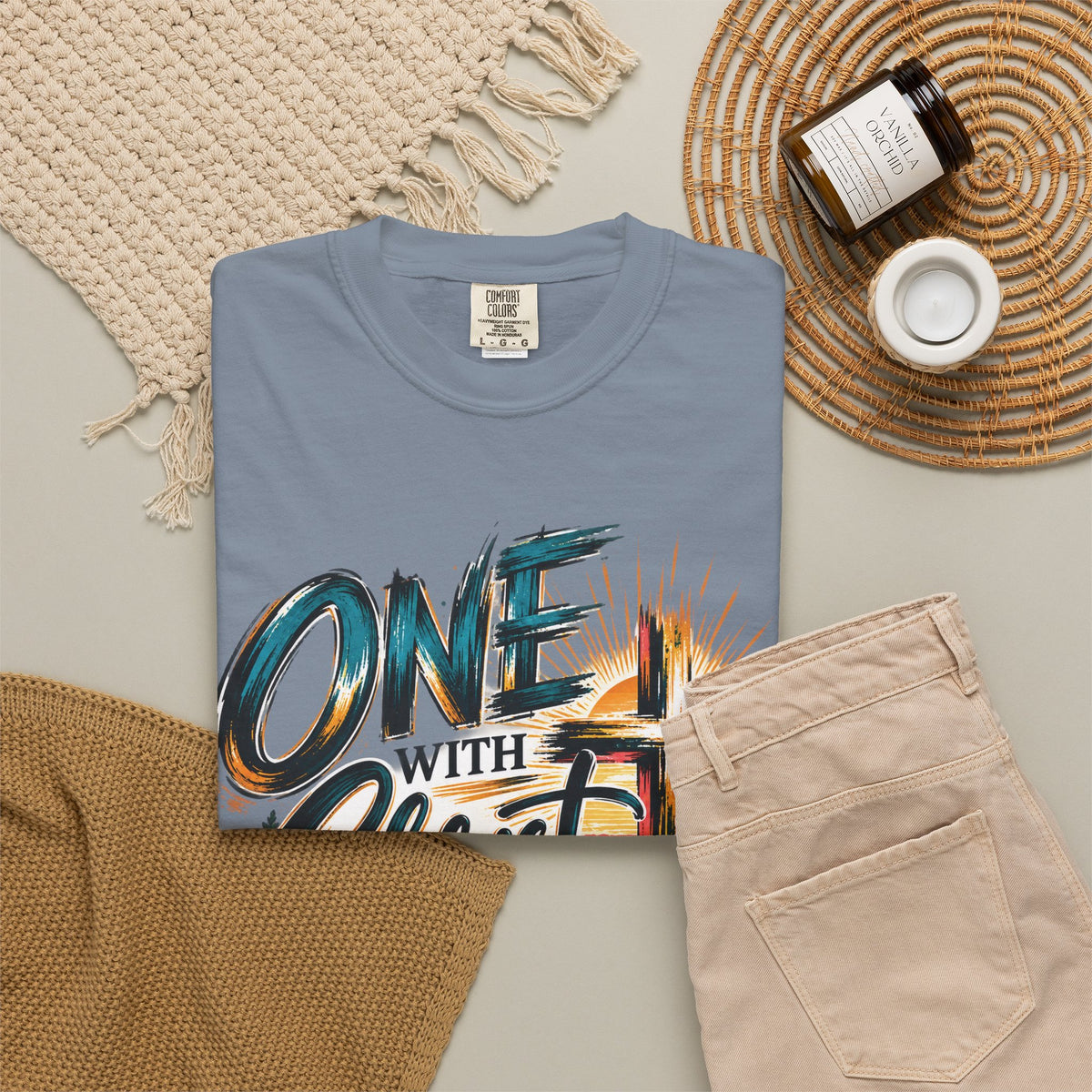 One With Christ Christian T-Shirt | Colorful Cross & Mountain Faith Tee | Pray & Bloom