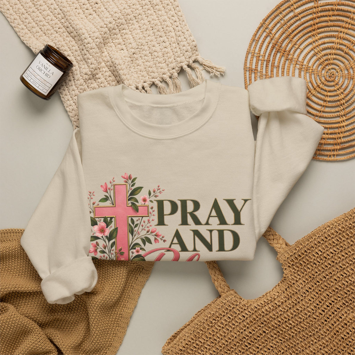 Pray & Bloom Christian Sweatshirt | Floral Cross Faith Crewneck | Growing Faith, Blooming Purpose
