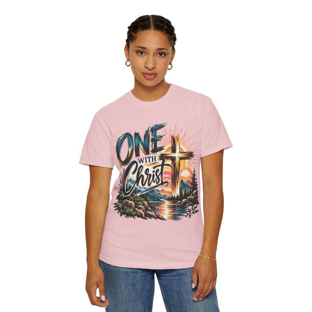 One With Christ Christian T-Shirt | Colorful Cross & Mountain Faith Tee | Pray & Bloom