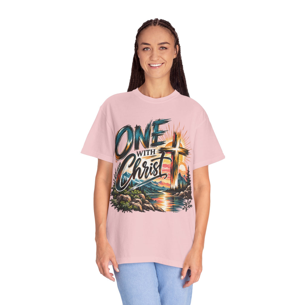 One With Christ Christian T-Shirt | Colorful Cross & Mountain Faith Tee | Pray & Bloom