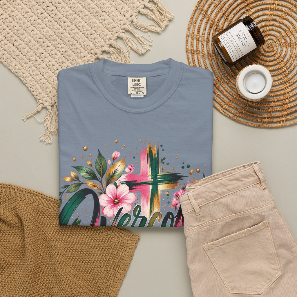 Overcomer Christian T-Shirt | Faith-Based Floral Cross Tee | Pray & Bloom