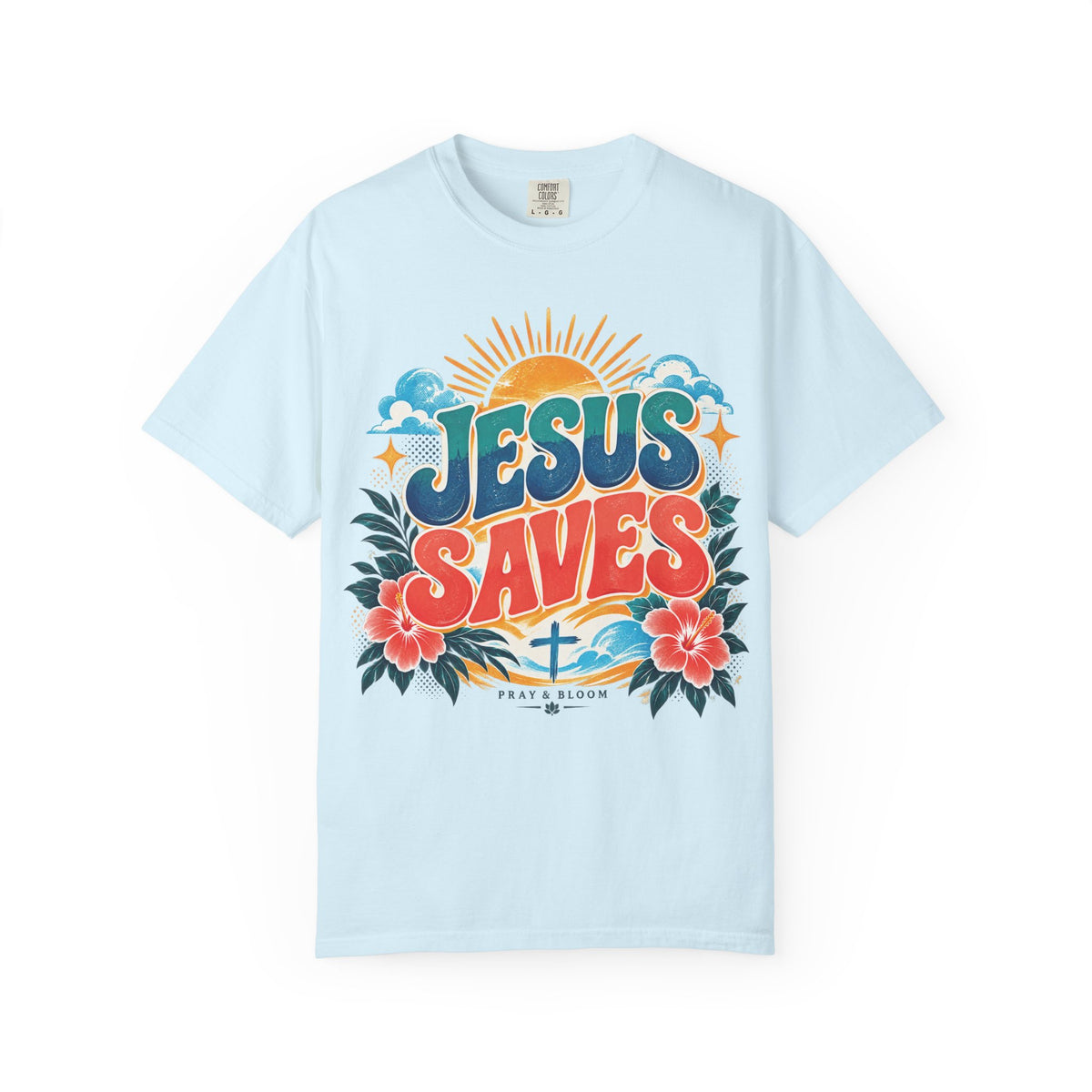 Jesus Saves Christian T-Shirt | Colorful Retro Faith Tee | Pray & Bloom