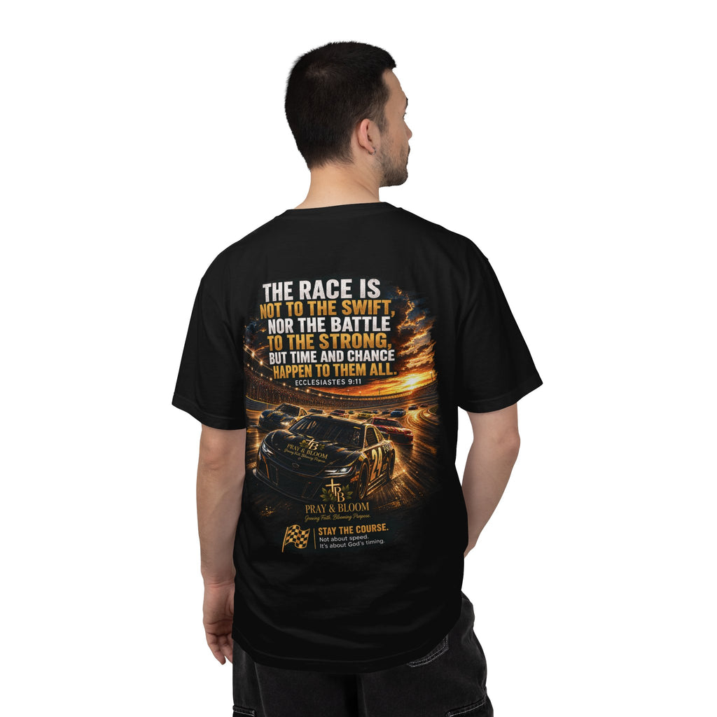 Stay the Course Christian T-Shirt | Ecclesiastes 9:11 Racing Faith Tee | Pray & Bloom