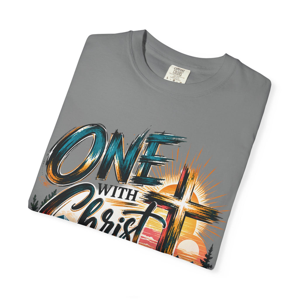One With Christ Christian T-Shirt | Colorful Cross & Mountain Faith Tee | Pray & Bloom