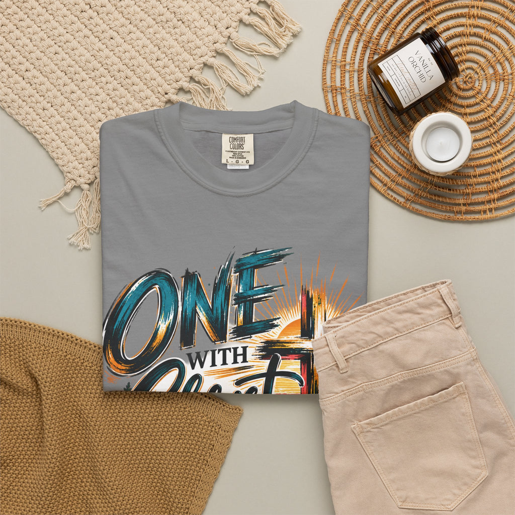 One With Christ Christian T-Shirt | Colorful Cross & Mountain Faith Tee | Pray & Bloom