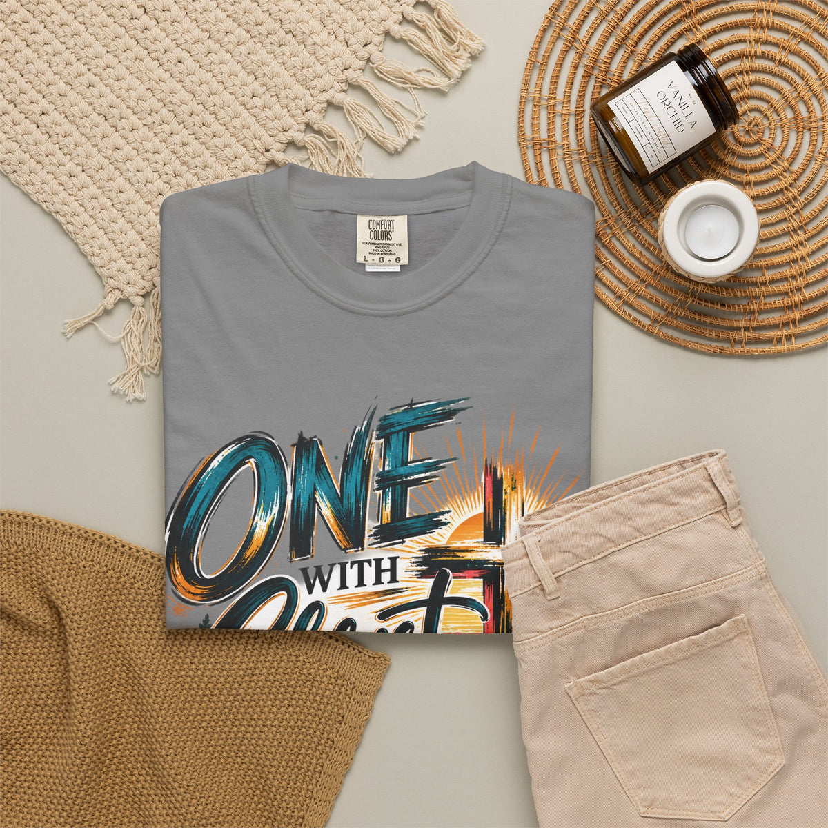 One With Christ Christian T-Shirt | Colorful Cross & Mountain Faith Tee | Pray & Bloom