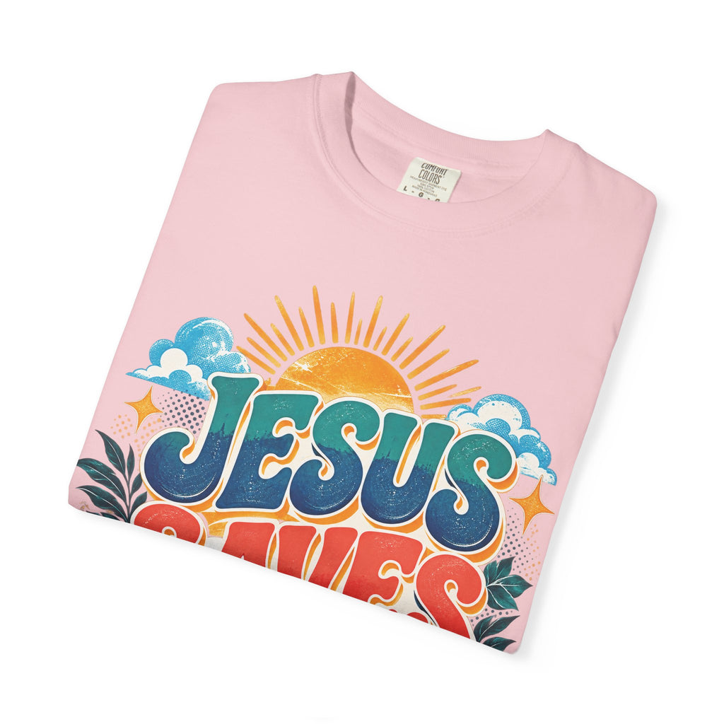 Jesus Saves Christian T-Shirt | Colorful Retro Faith Tee | Pray & Bloom