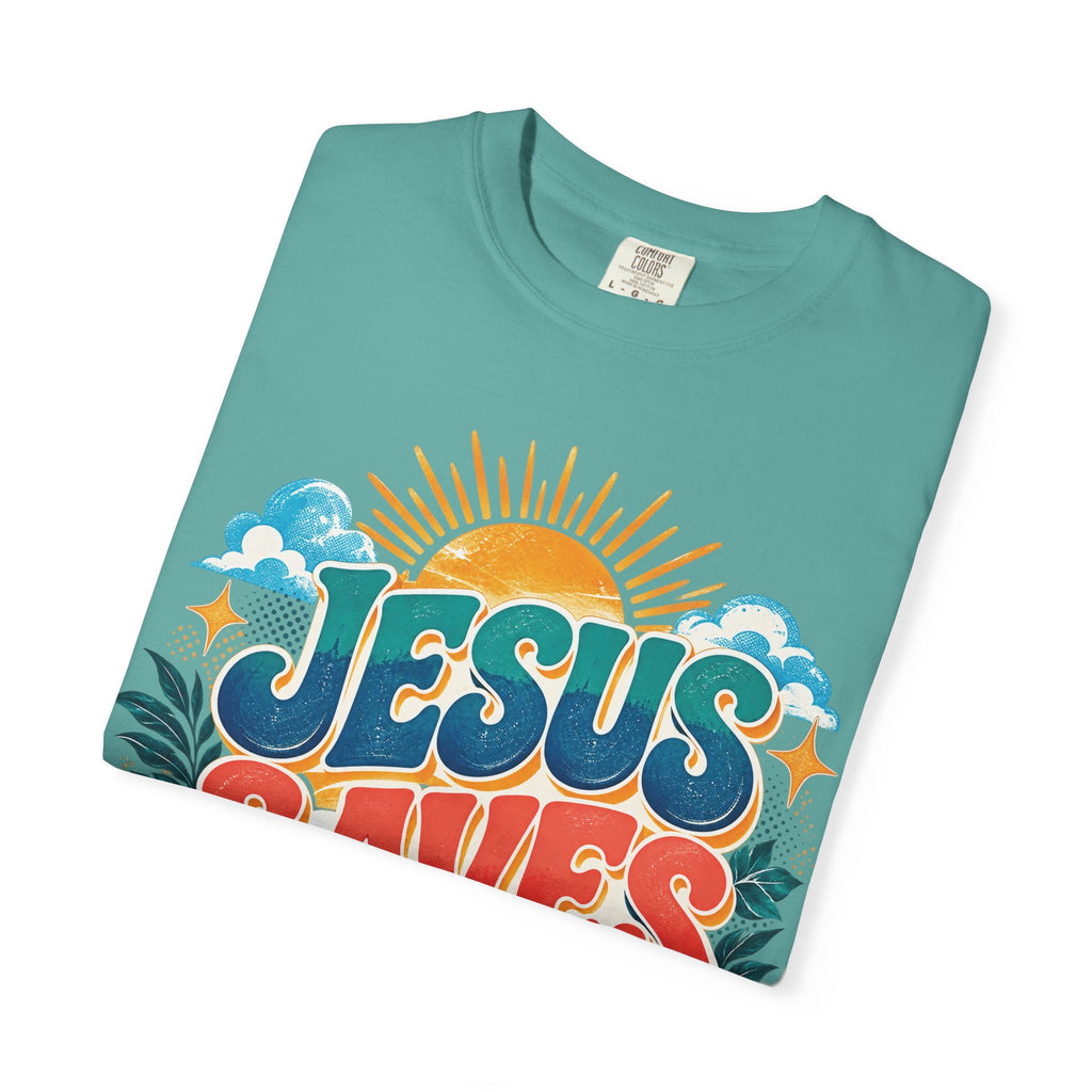 Jesus Saves Christian T-Shirt | Colorful Retro Faith Tee | Pray & Bloom