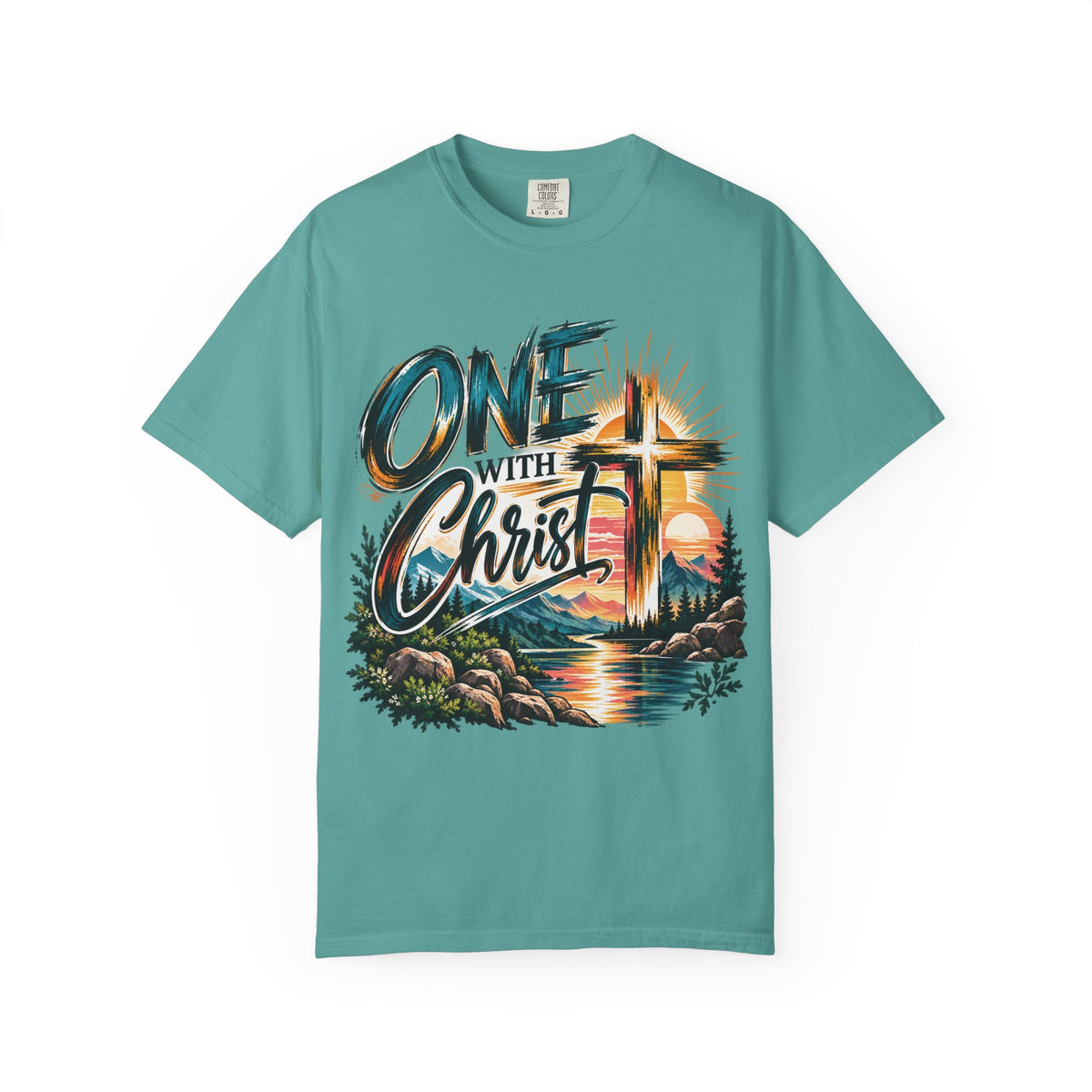 One With Christ Christian T-Shirt | Colorful Cross & Mountain Faith Tee | Pray & Bloom