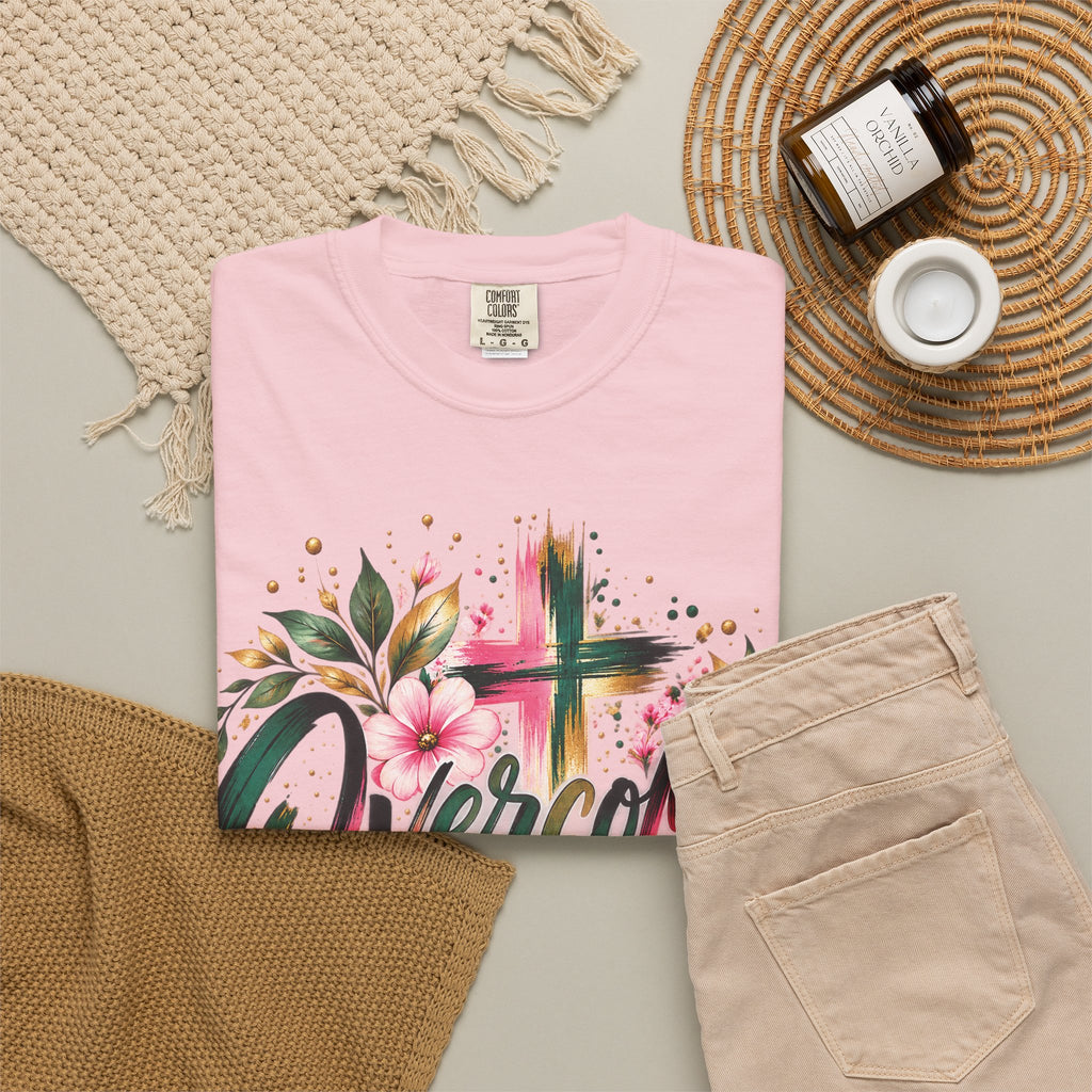 Overcomer Christian T-Shirt | Faith-Based Floral Cross Tee | Pray & Bloom