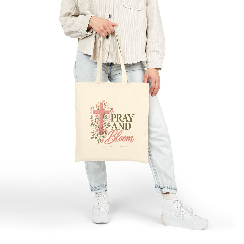 Pray & Bloom Christian Tote Bag | Floral Cross Faith Canvas Bag | Christian Gift