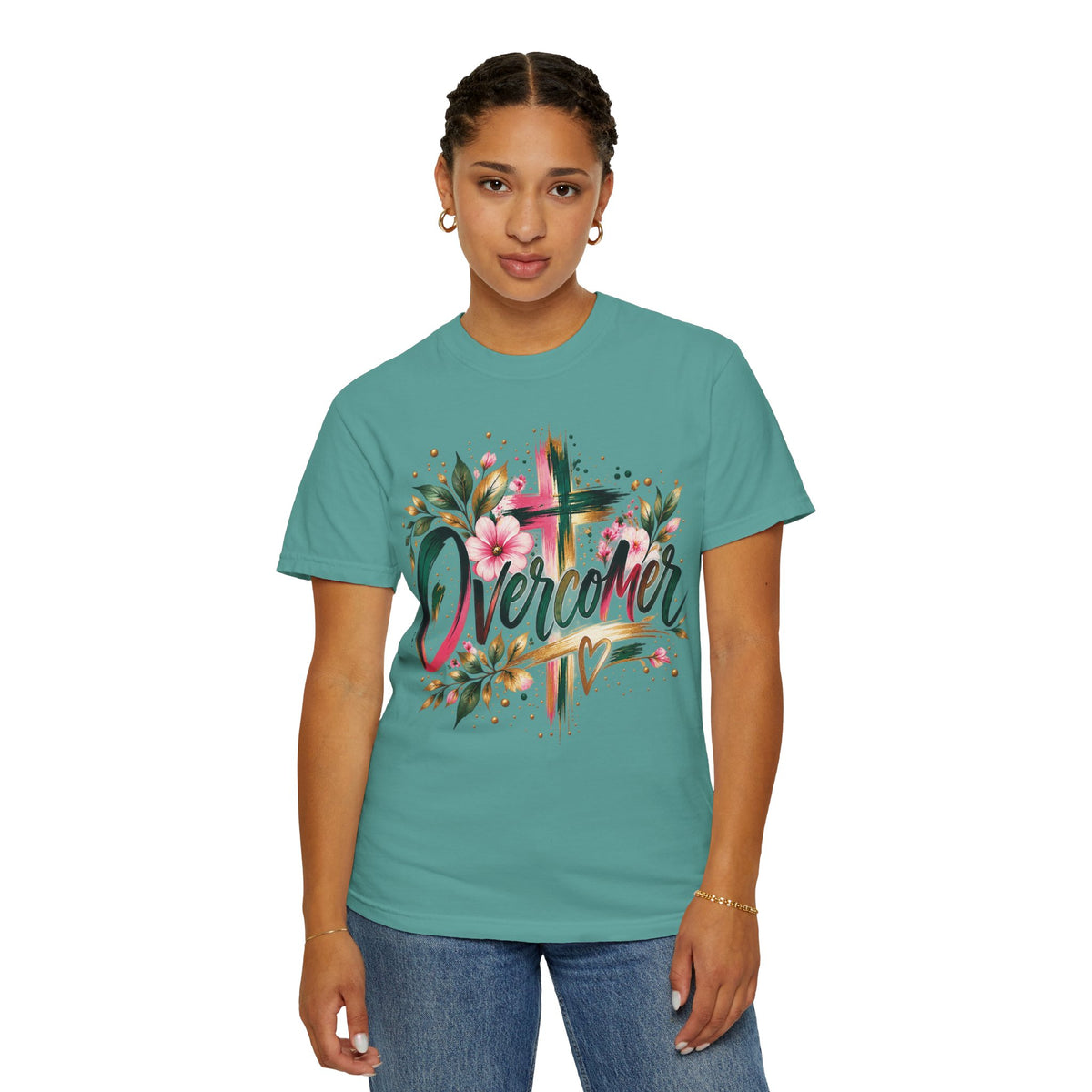 Overcomer Christian T-Shirt | Faith-Based Floral Cross Tee | Pray & Bloom