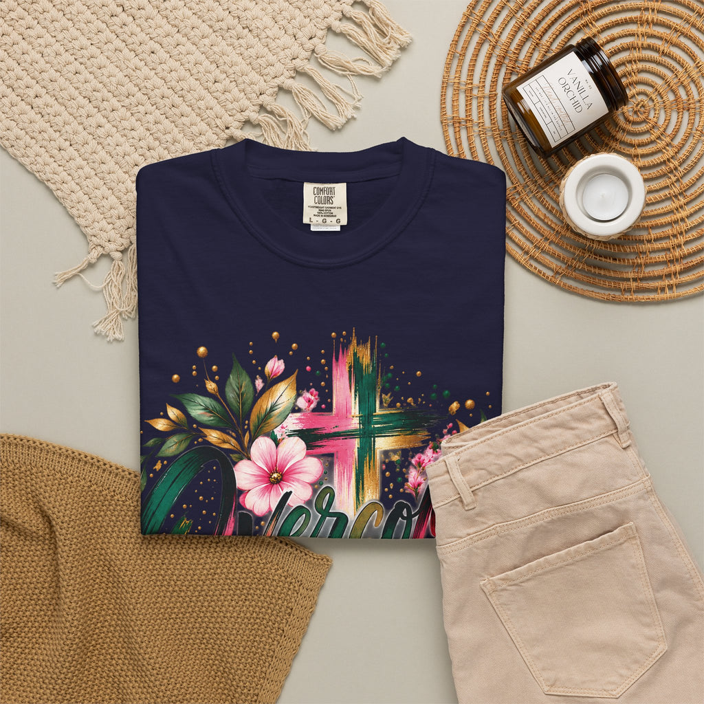 Overcomer Christian T-Shirt | Faith-Based Floral Cross Tee | Pray & Bloom