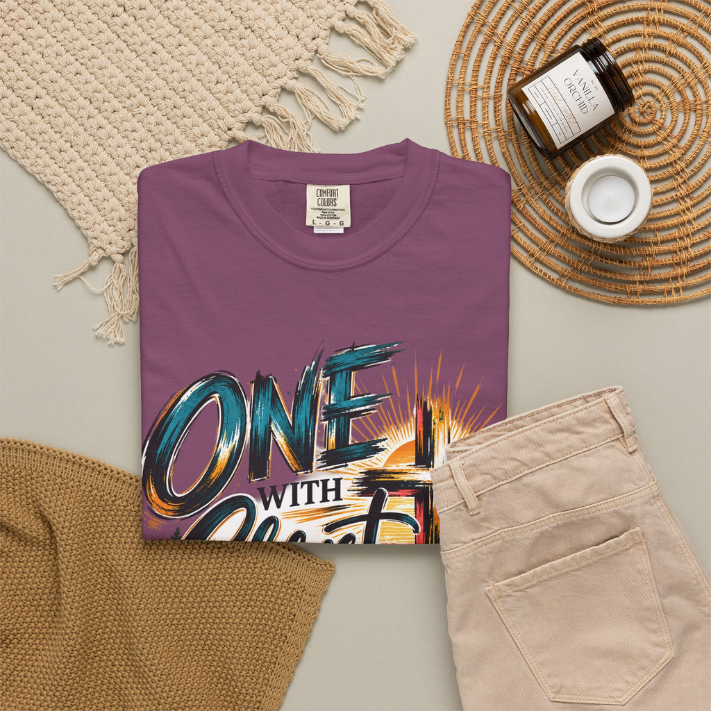 One With Christ Christian T-Shirt | Colorful Cross & Mountain Faith Tee | Pray & Bloom