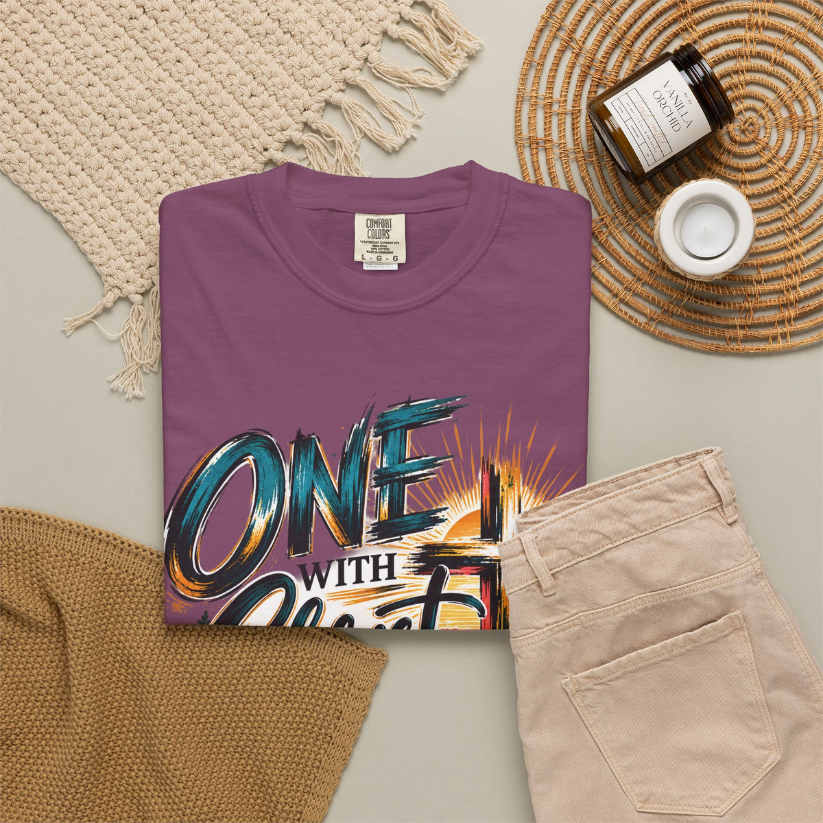 One With Christ Christian T-Shirt | Colorful Cross & Mountain Faith Tee | Pray & Bloom