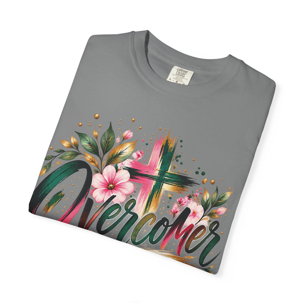 Overcomer Christian T-Shirt | Faith-Based Floral Cross Tee | Pray & Bloom