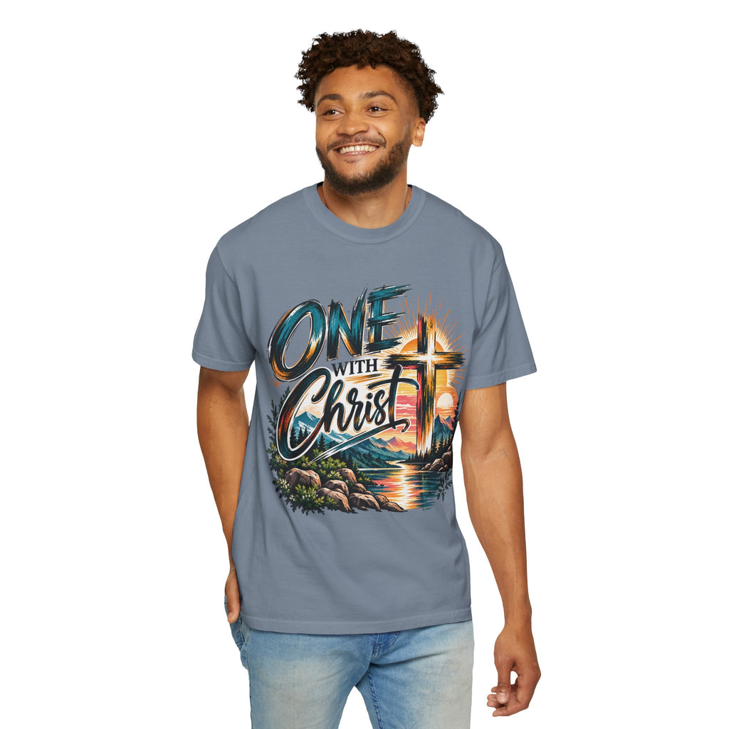 One With Christ Christian T-Shirt | Colorful Cross & Mountain Faith Tee | Pray & Bloom