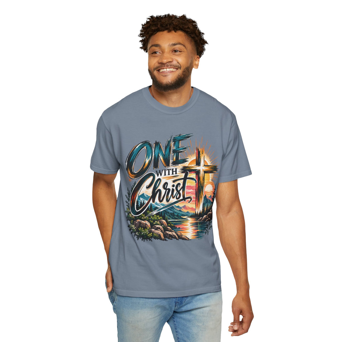 One With Christ Christian T-Shirt | Colorful Cross & Mountain Faith Tee | Pray & Bloom