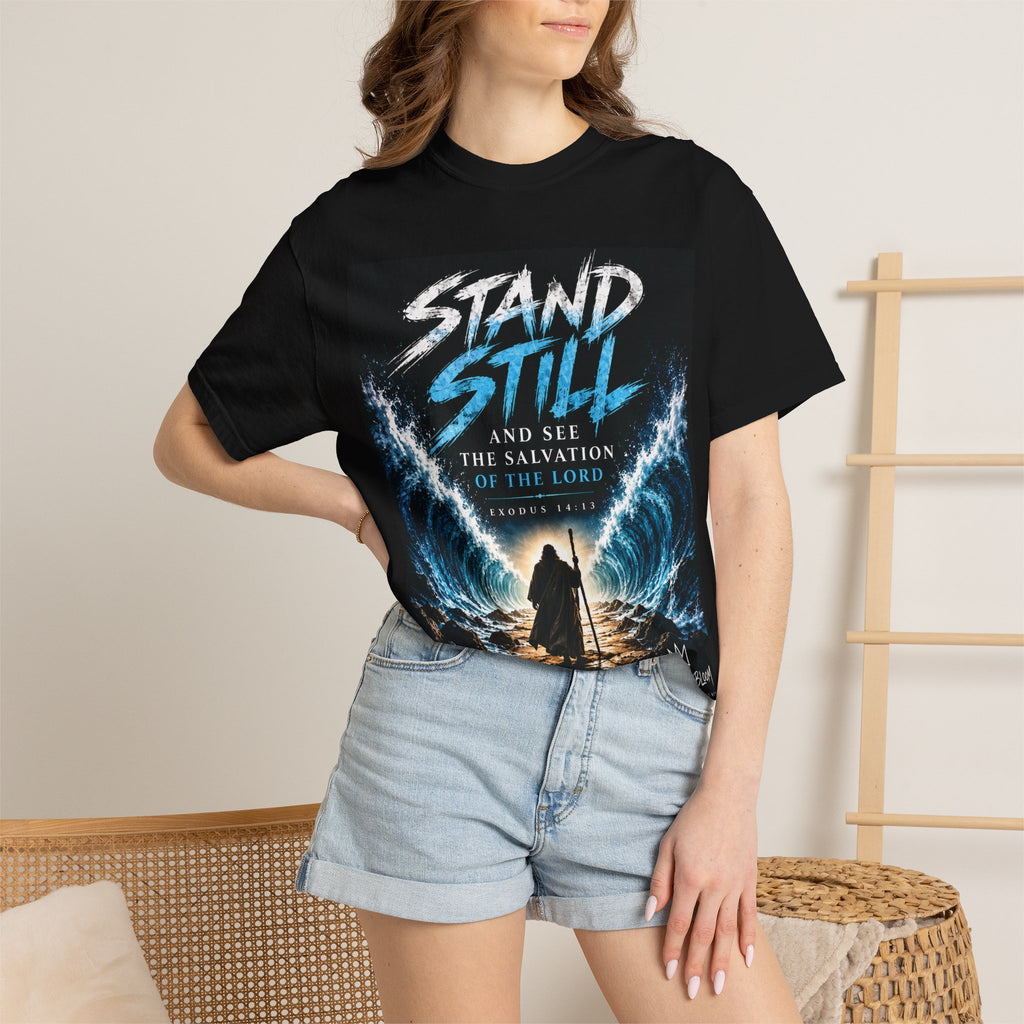 Stand Still Christian T-Shirt | Exodus 14:13 | Same God Then Same God Now | Pray & Bloom