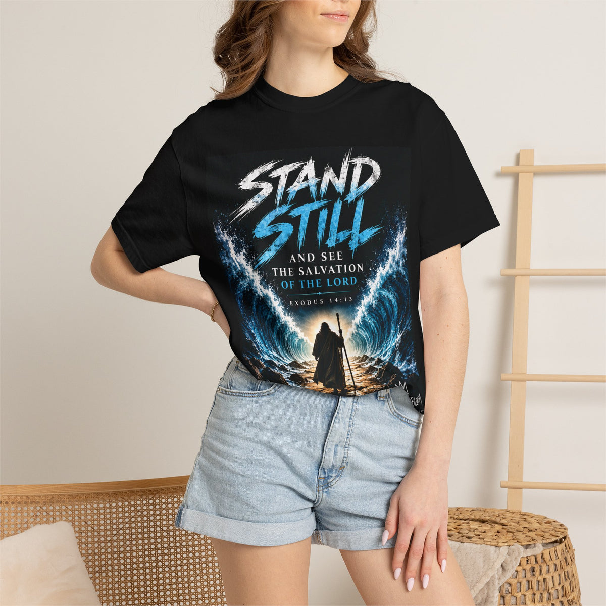 Stand Still Christian T-Shirt | Exodus 14:13 | Same God Then Same God Now | Pray & Bloom