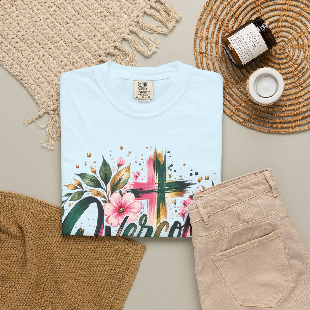 Overcomer Christian T-Shirt | Faith-Based Floral Cross Tee | Pray & Bloom