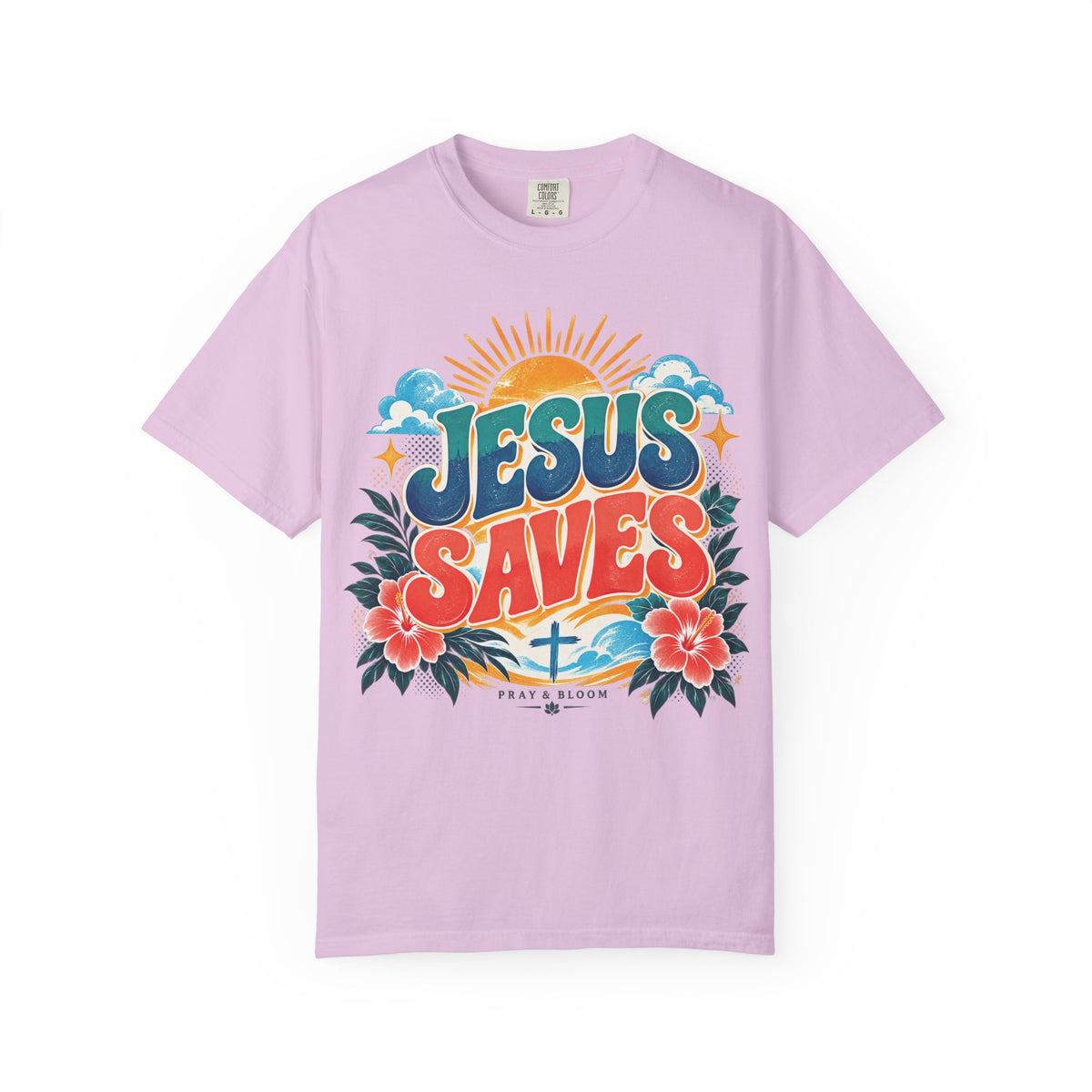 Jesus Saves Christian T-Shirt | Colorful Retro Faith Tee | Pray & Bloom