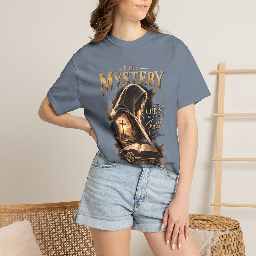 The Mystery - Hidden in Christ Revealed by Faith | Colossians 2:2-3 Christian T- Shirt | Pray & Bloom