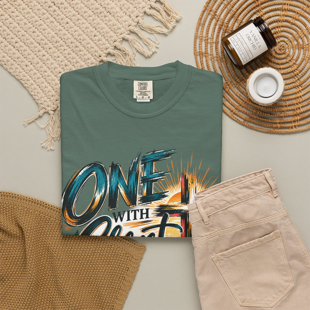 One With Christ Christian T-Shirt | Colorful Cross & Mountain Faith Tee | Pray & Bloom