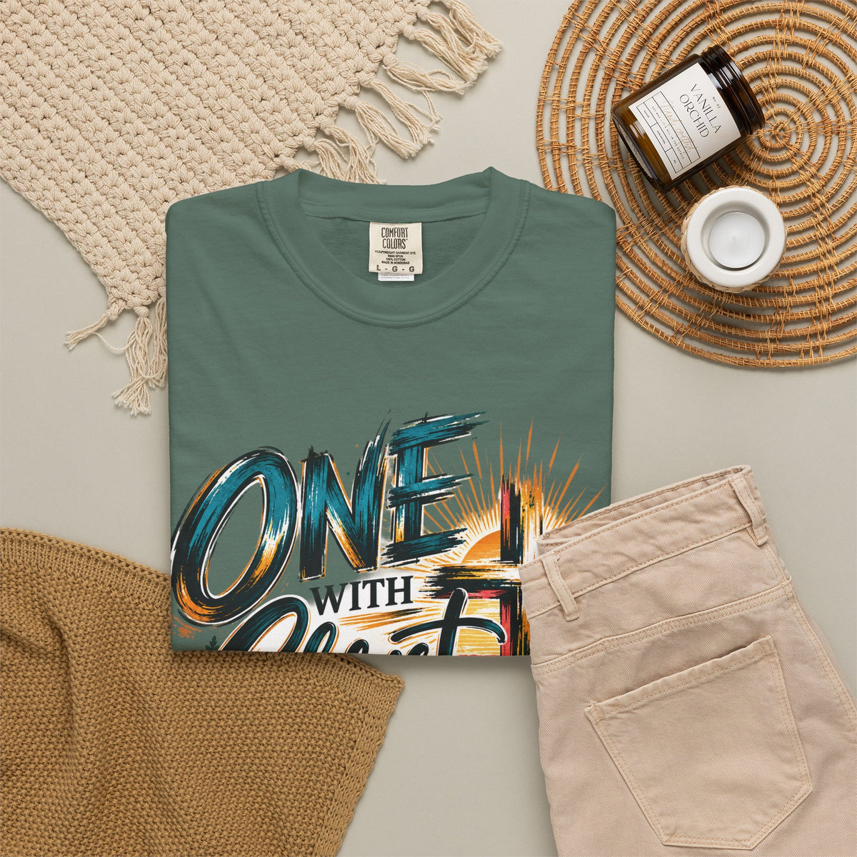 One With Christ Christian T-Shirt | Colorful Cross & Mountain Faith Tee | Pray & Bloom
