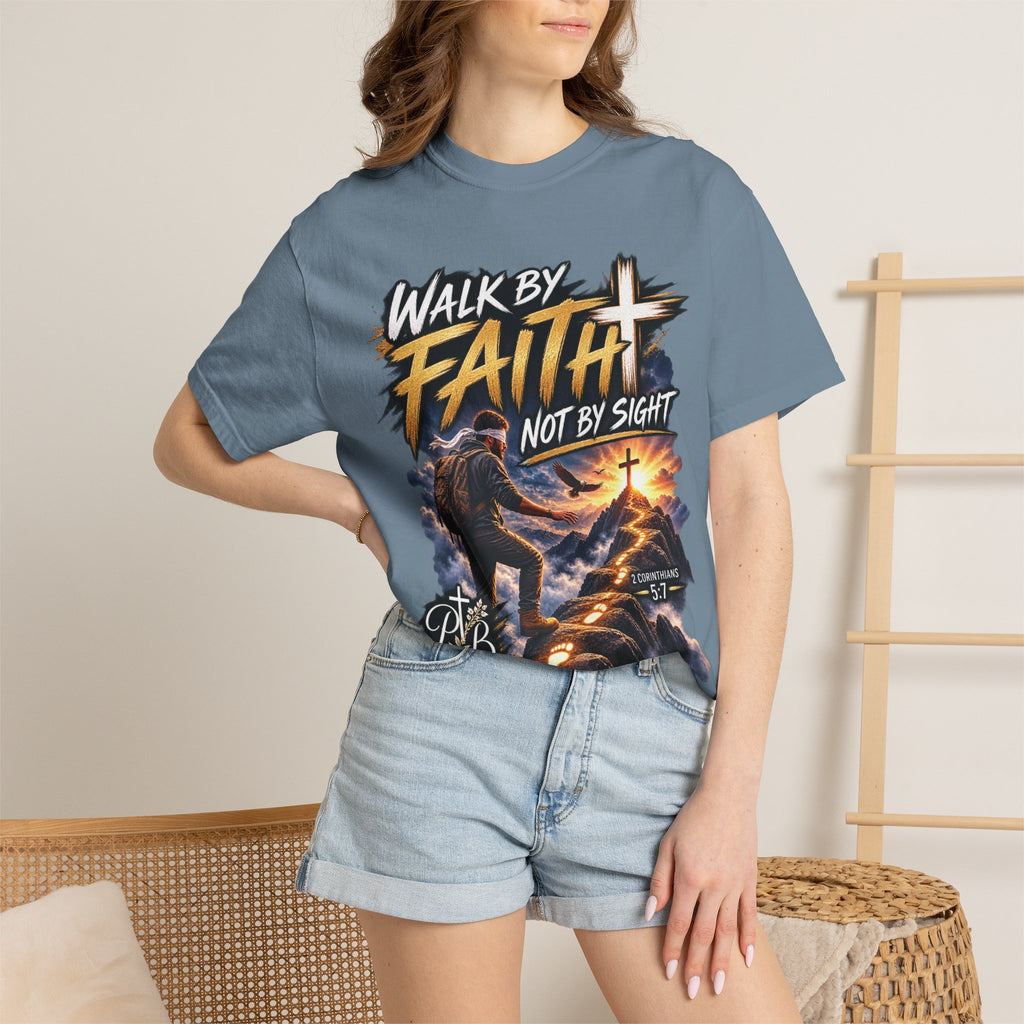 Walk by Faith Not by Sight Christian T-Shirt | 2 Corinthians 5:7 | Pray & Bloom