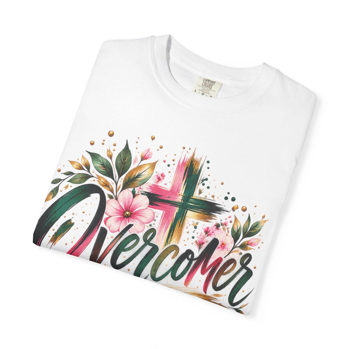 Overcomer Christian T-Shirt | Faith-Based Floral Cross Tee | Pray & Bloom