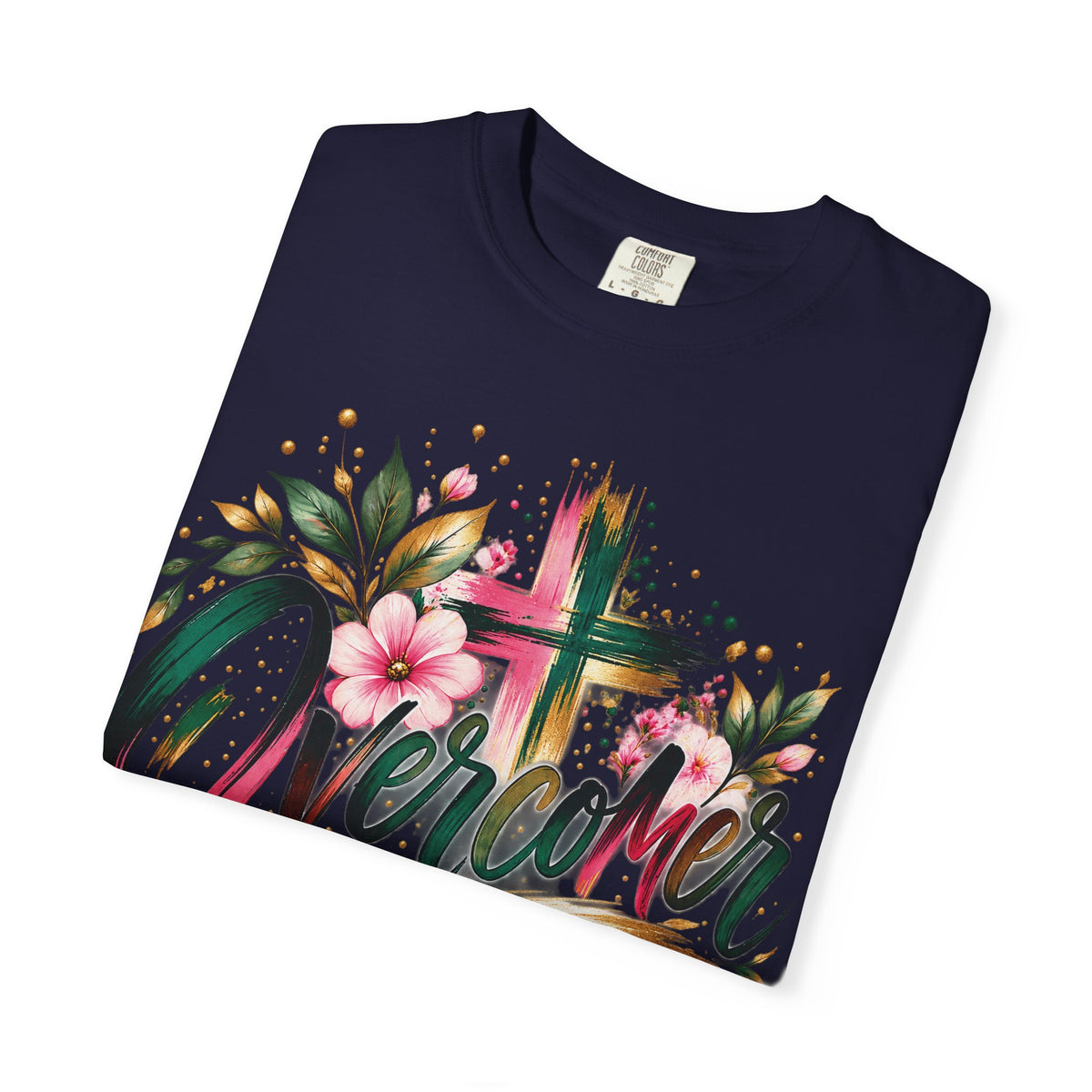 Overcomer Christian T-Shirt | Faith-Based Floral Cross Tee | Pray & Bloom