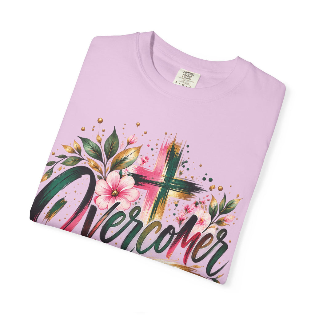 Overcomer Christian T-Shirt | Faith-Based Floral Cross Tee | Pray & Bloom