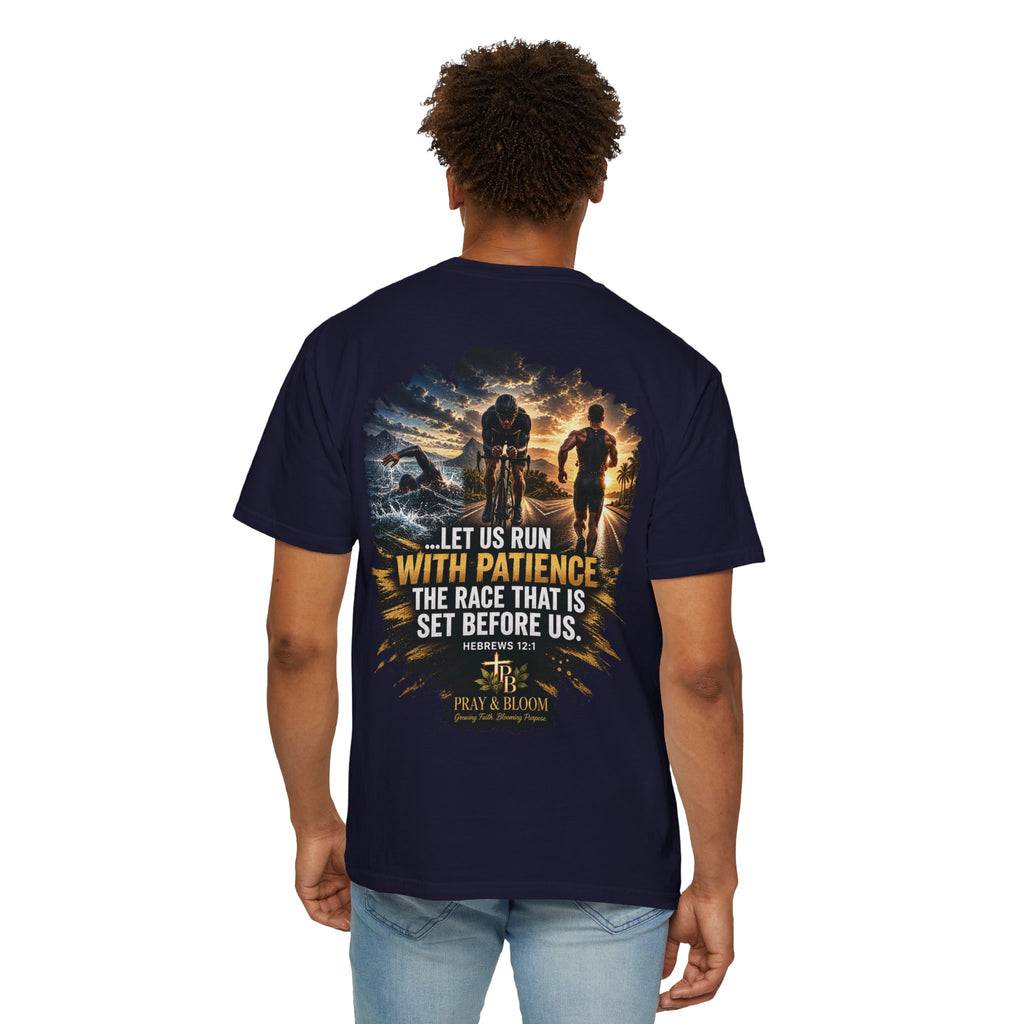Run With Patience Christian T-Shirt | Hebrews 12:1 Endurance Faith Tee | Pray & Bloom