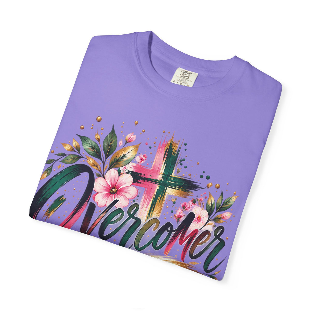 Overcomer Christian T-Shirt | Faith-Based Floral Cross Tee | Pray & Bloom