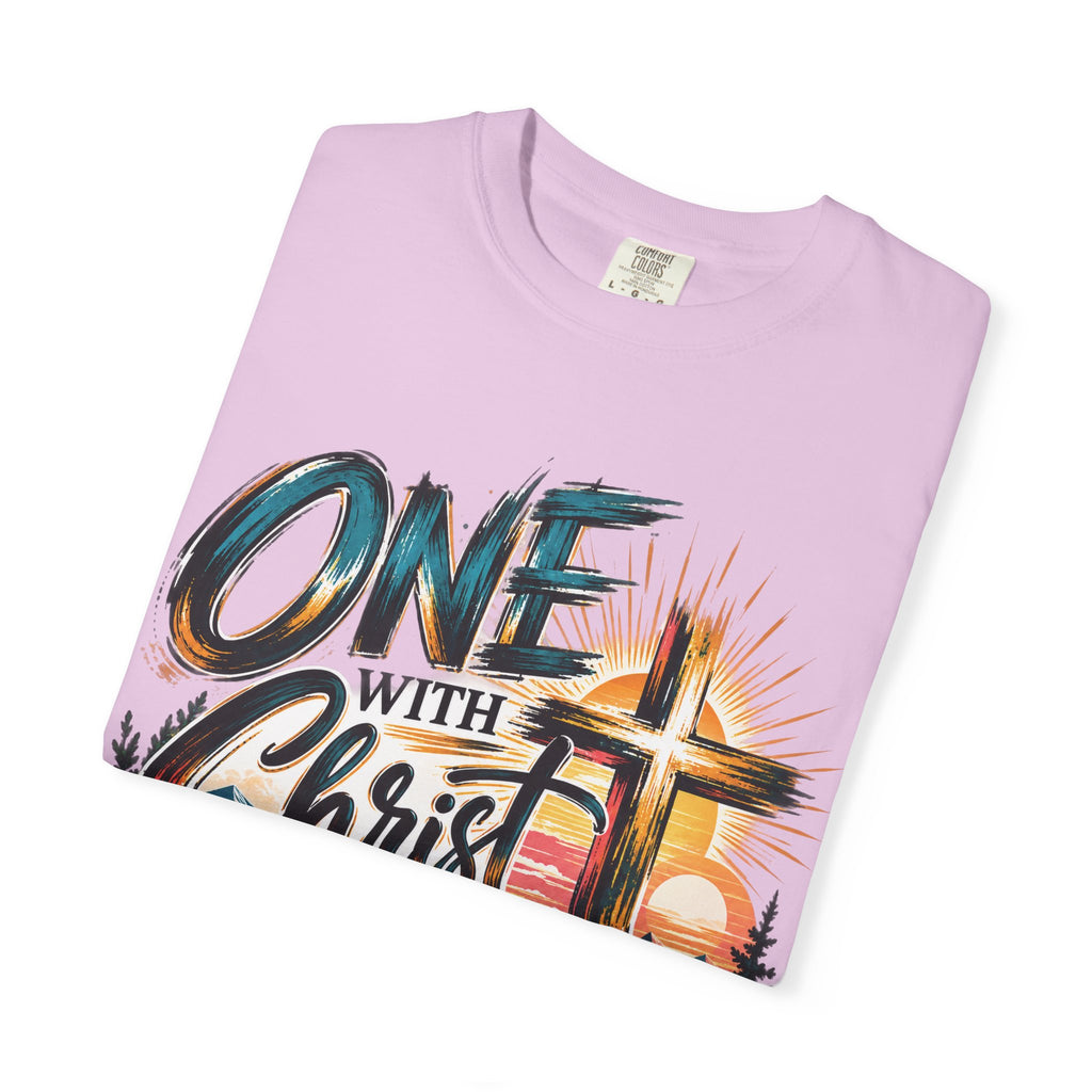 One With Christ Christian T-Shirt | Colorful Cross & Mountain Faith Tee | Pray & Bloom