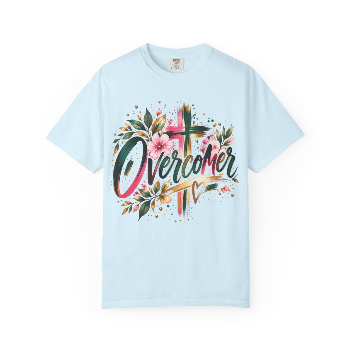 Overcomer Christian T-Shirt | Faith-Based Floral Cross Tee | Pray & Bloom