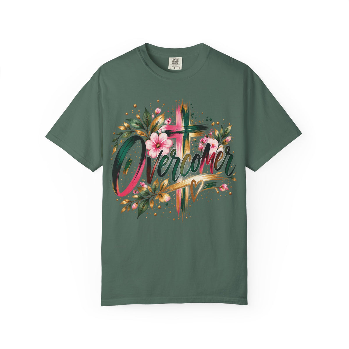 Overcomer Christian T-Shirt | Faith-Based Floral Cross Tee | Pray & Bloom