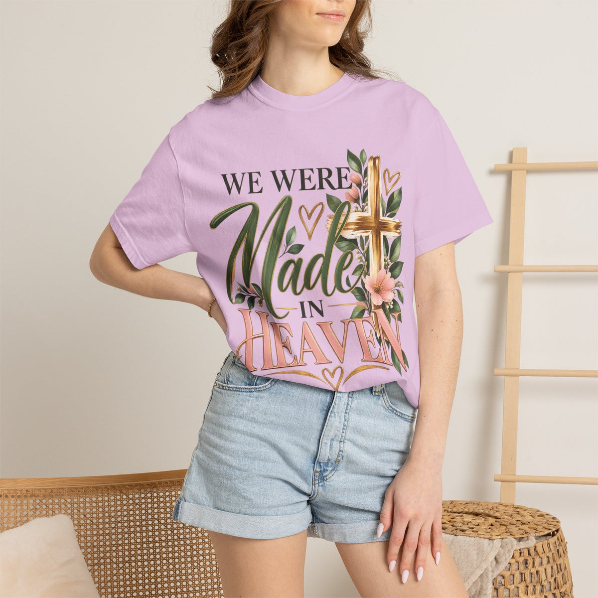 We Were Made in Heaven Christian T-Shirt | Faith-Based Cross & Floral Tee | Pray & Bloom
