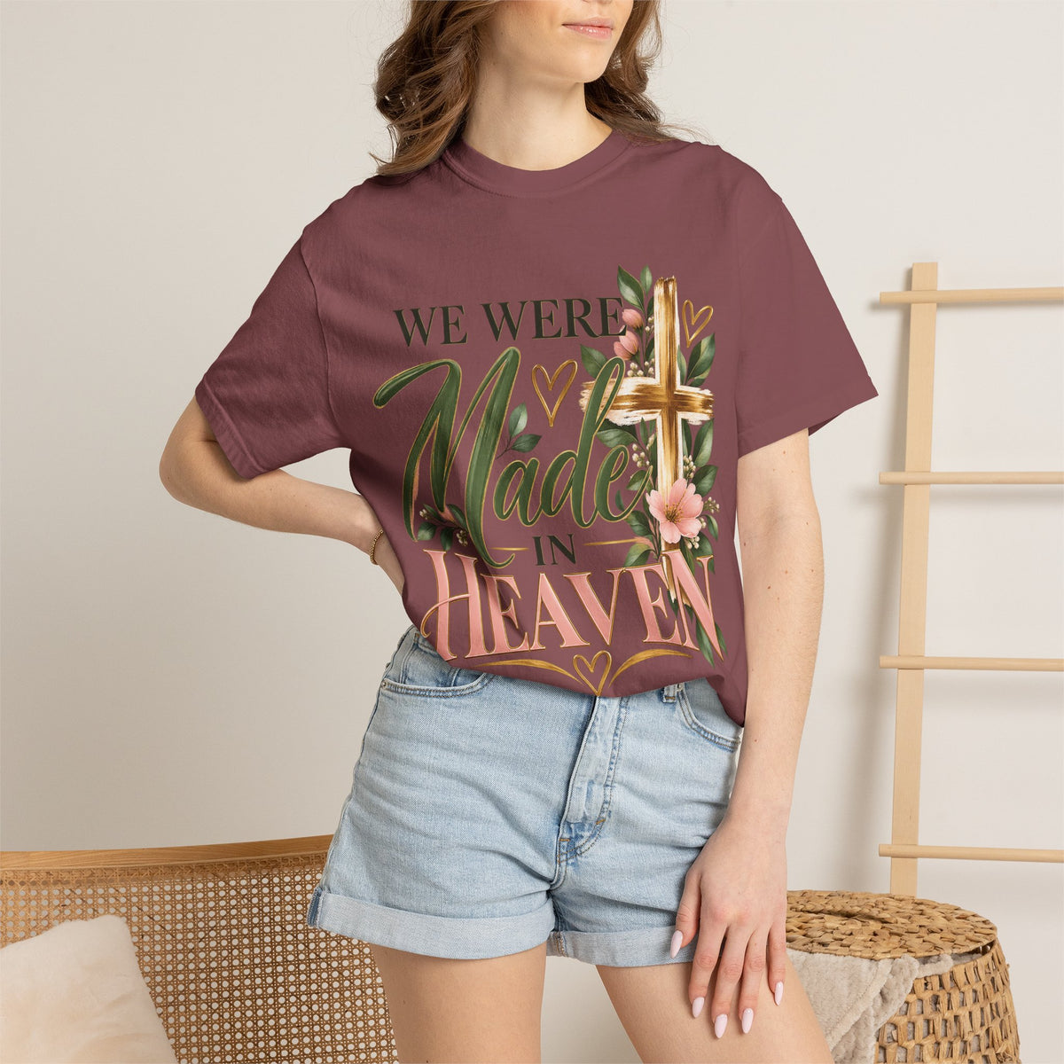 We Were Made in Heaven Christian T-Shirt | Faith-Based Cross & Floral Tee | Pray & Bloom