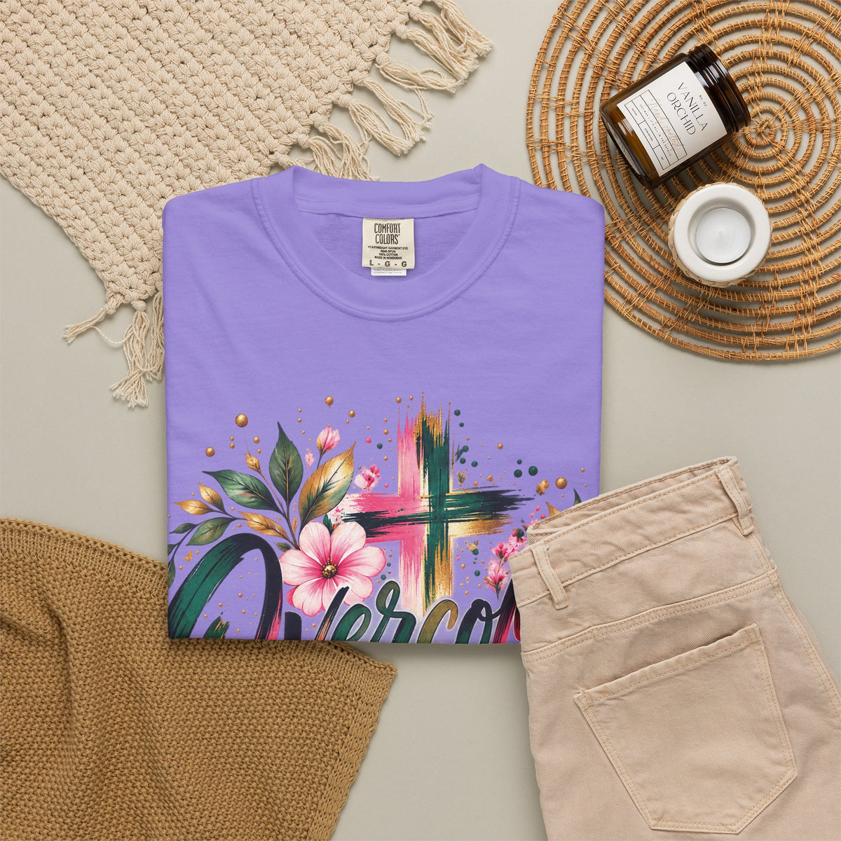Overcomer Christian T-Shirt | Faith-Based Floral Cross Tee | Pray & Bloom