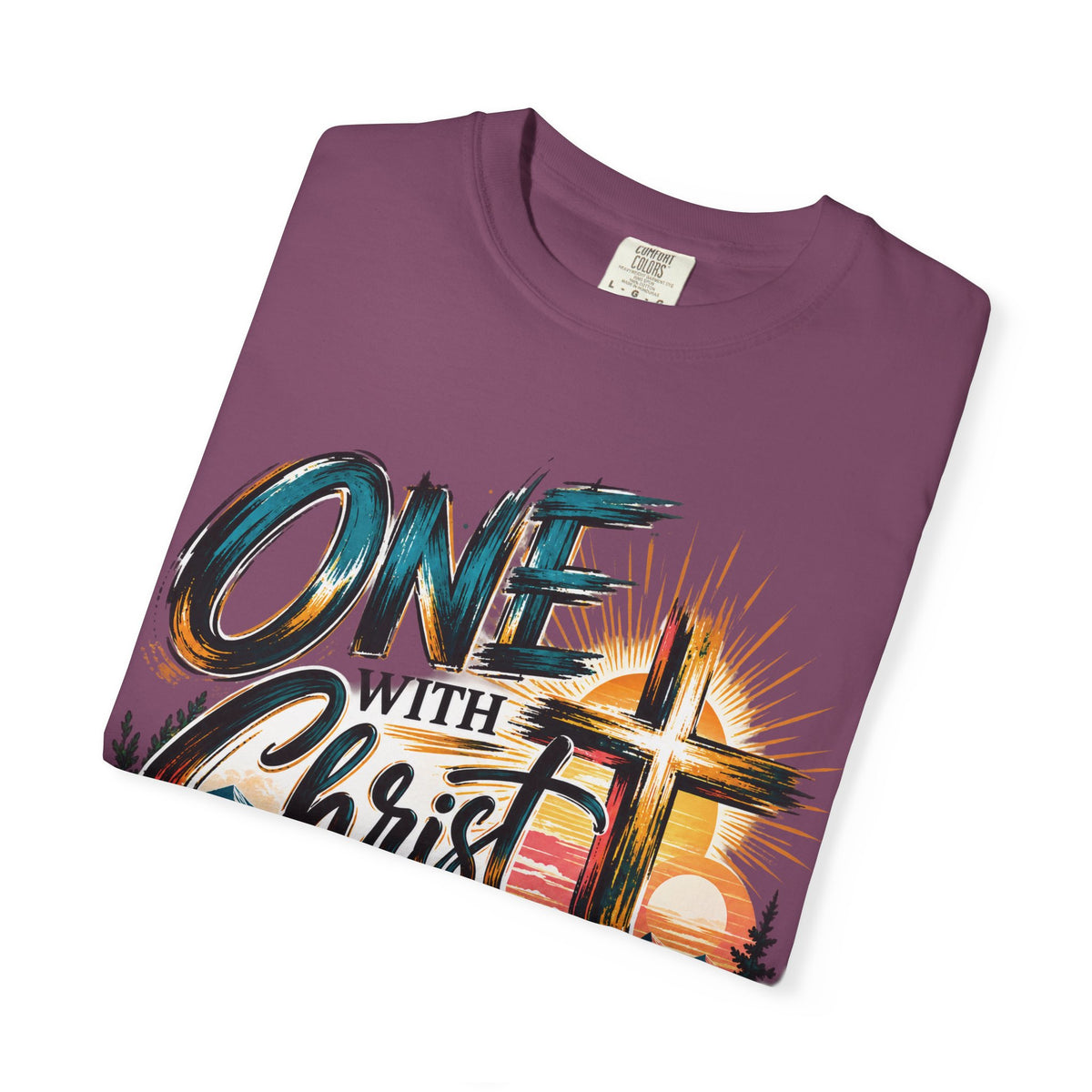 One With Christ Christian T-Shirt | Colorful Cross & Mountain Faith Tee | Pray & Bloom