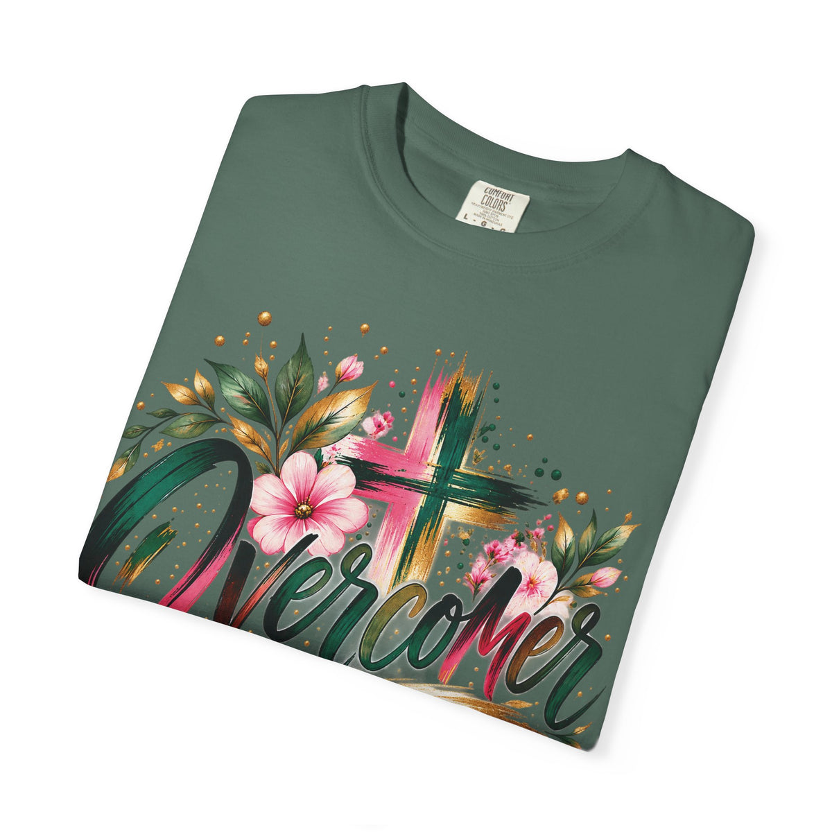 Overcomer Christian T-Shirt | Faith-Based Floral Cross Tee | Pray & Bloom