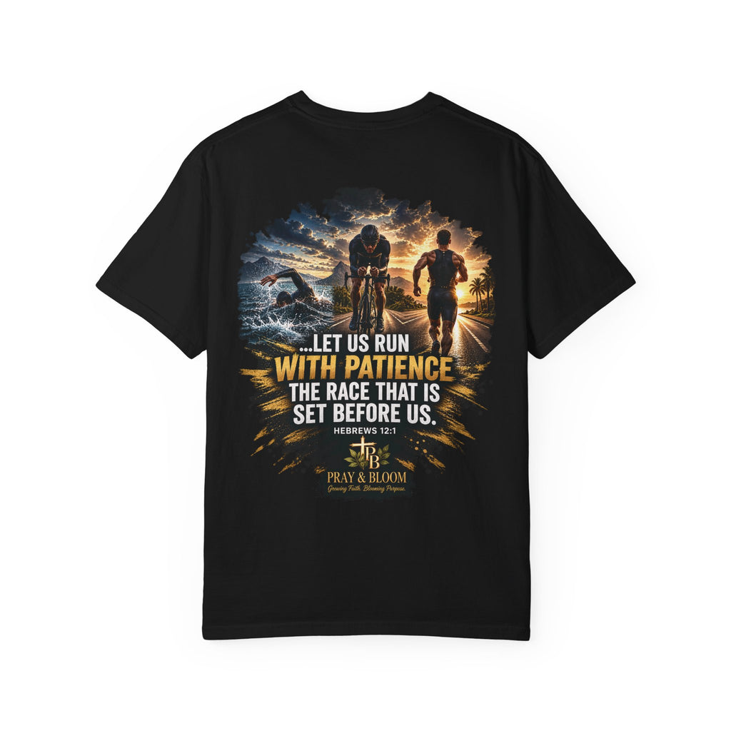Run With Patience Christian T-Shirt | Hebrews 12:1 Endurance Faith Tee | Pray & Bloom
