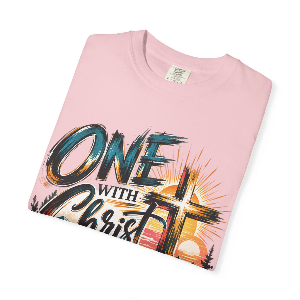 One With Christ Christian T-Shirt | Colorful Cross & Mountain Faith Tee | Pray & Bloom